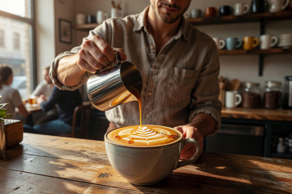 Honey lavender latte served on a wooden table with honeycomb garnish