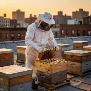 Beekeeper in white suit tending rooftop hives at golden hour