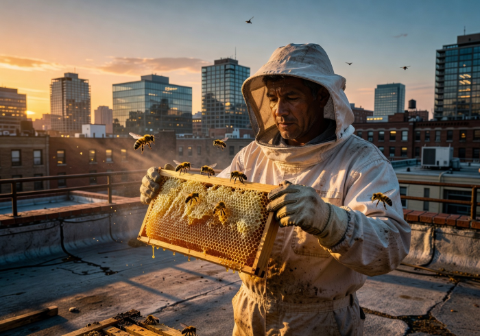 Beekeeper inspecting a honey frame on an urban rooftop at sunset