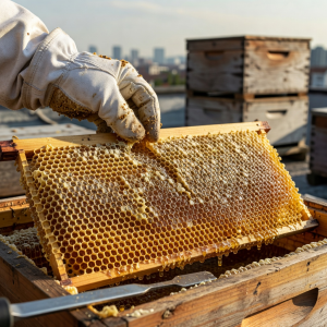 Close-up of fresh honeycomb being harvested from rooftop hive
