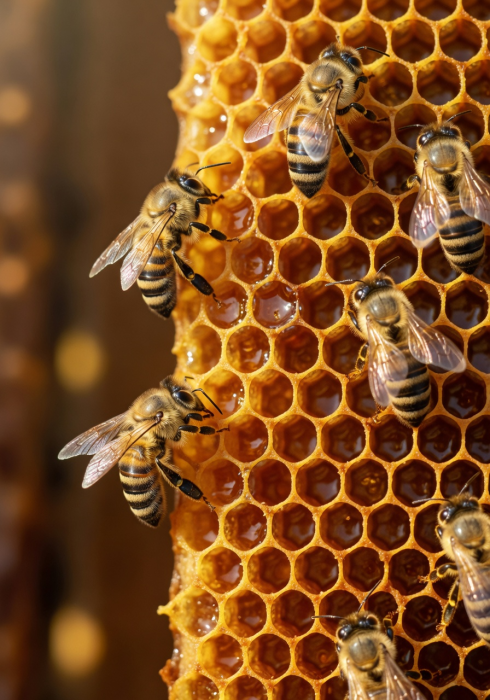Close-up of honeybees working on a golden honeycomb frame