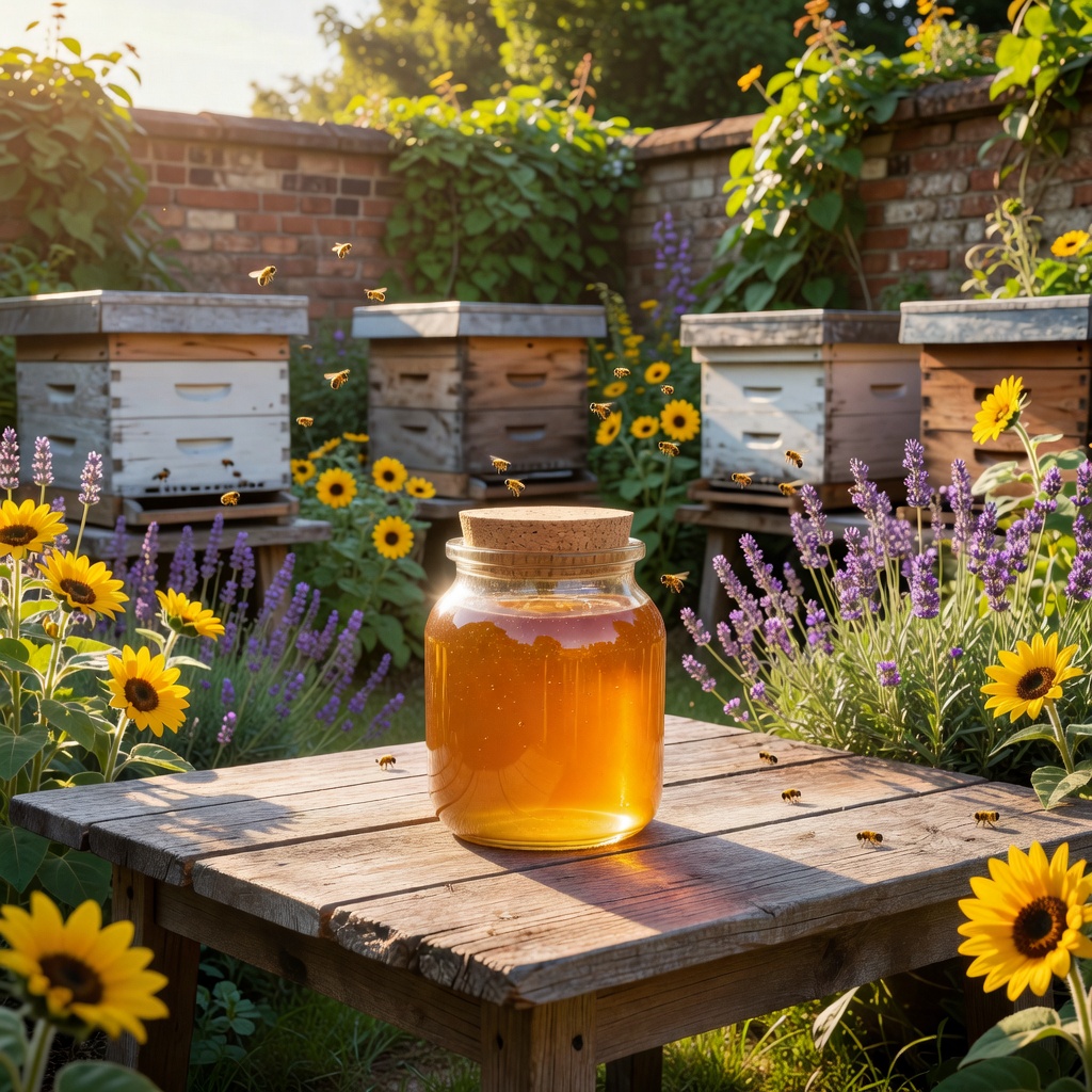 Golden honey jar on a sunlit rooftop garden with beehives in the background