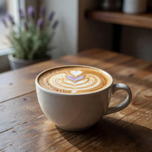 Honey lavender latte art in ceramic cup on wooden table
