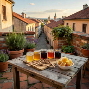 Honey tasting flight served on the cafe rooftop terrace