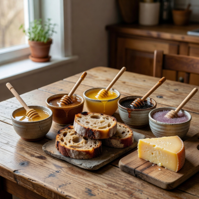 Honey tasting flight with five varieties of artisan honey