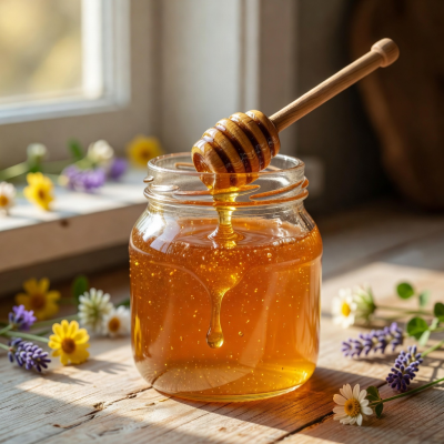 Jar of golden wildflower honey with honeycomb dipper