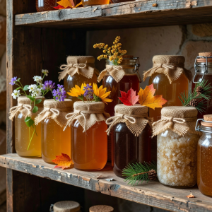 Jars of seasonal honey varieties arranged on rustic wooden shelf