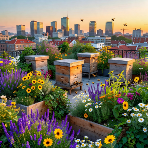 Lush rooftop garden with beehives overlooking the city skyline