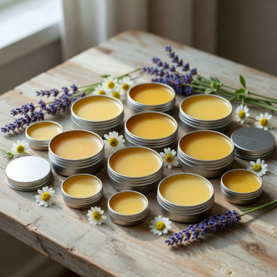 Natural beeswax lip balm collection in tin containers