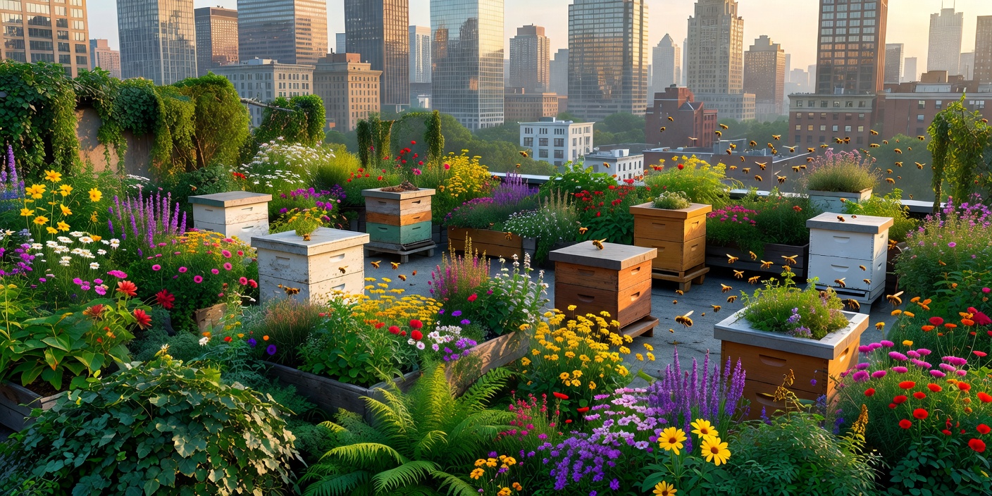 Panoramic view of lush rooftop garden with multiple beehives and the city skyline in the background