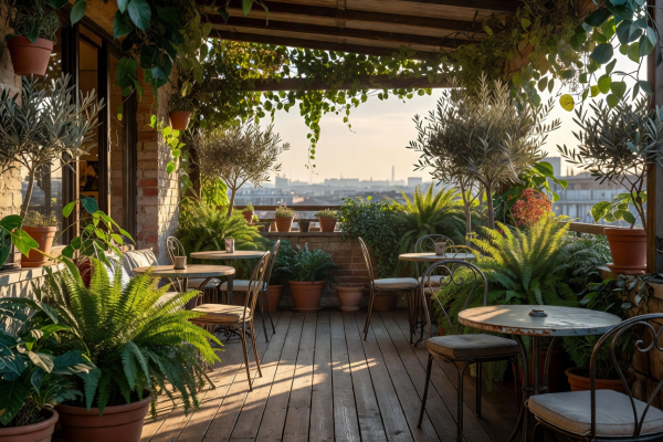 Rooftop cafe terrace with plants and warm sunlight