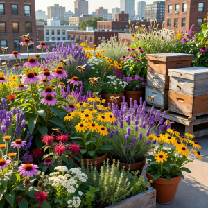 Rooftop garden with pollinator-friendly flowers and bee boxes