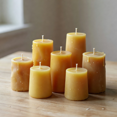 Set of hand-poured beeswax candles in natural tones