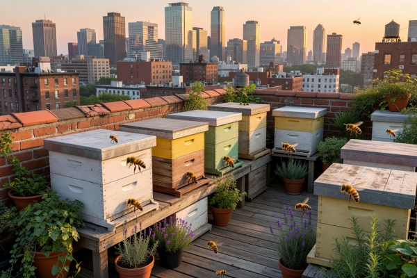 Urban beehives on the cafe rooftop with city skyline view