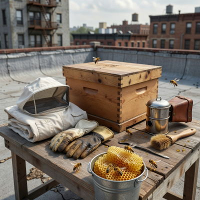 Urban beekeeping starter kit with protective gear and tools
