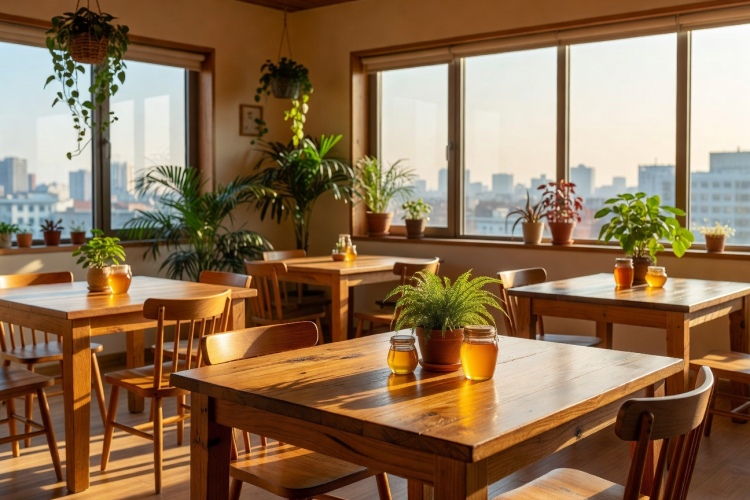 Warm interior of the rooftop honey cafe with honey-colored wood tables and plants